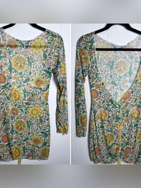 Retro‎ Hippie Mesh Floral Long-Sleeve Mini Sheer Dress Deep V Back